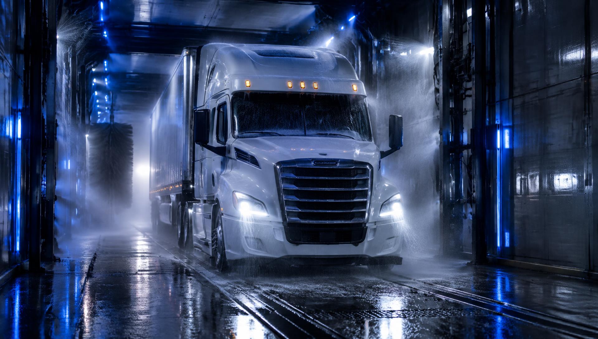 Semi truck inside an automated touchless wash bay